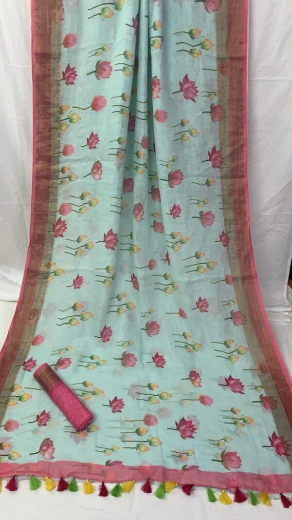 Pink Floral Linen Saree