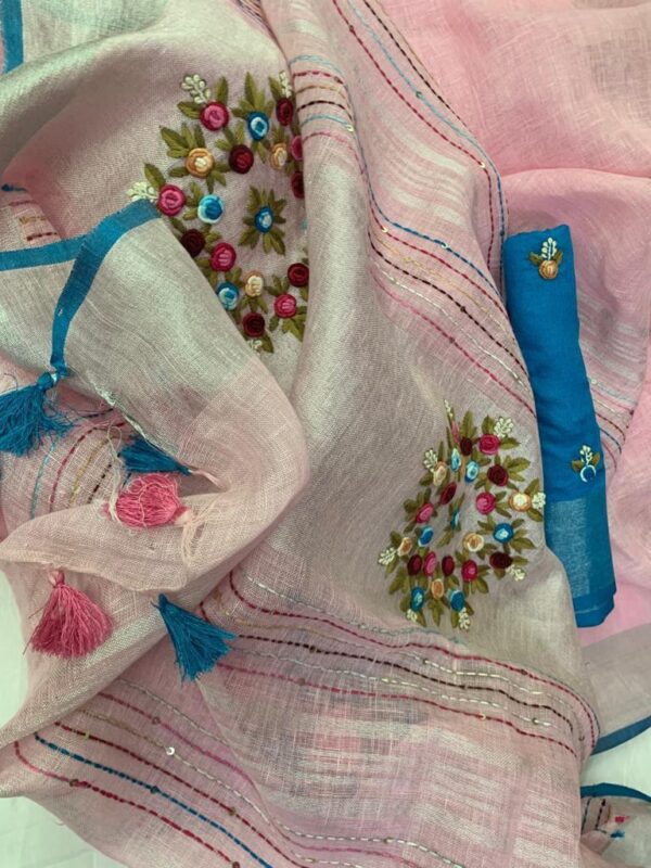 Pink & Blue Linen Saree