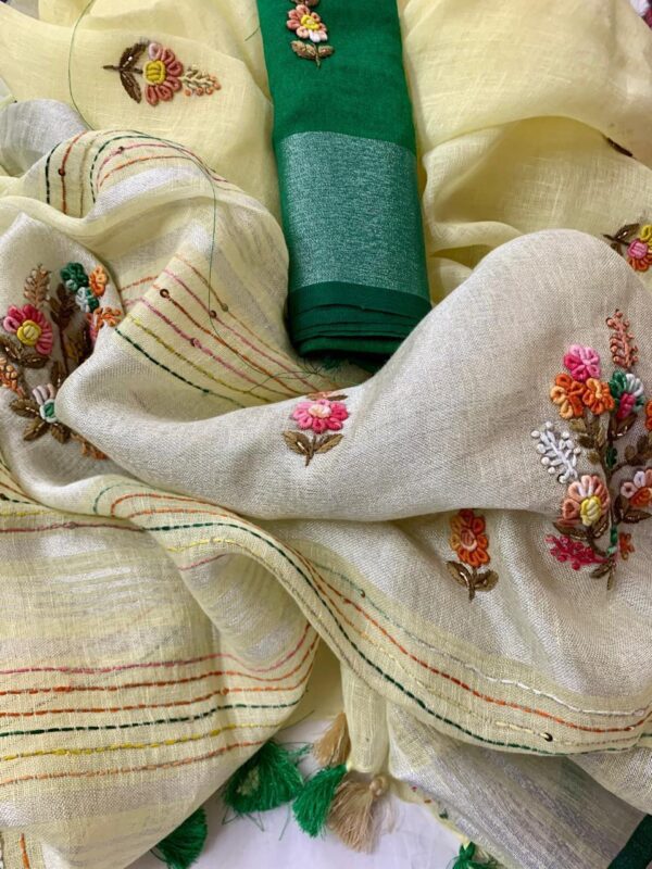Floral Green Linen Saree