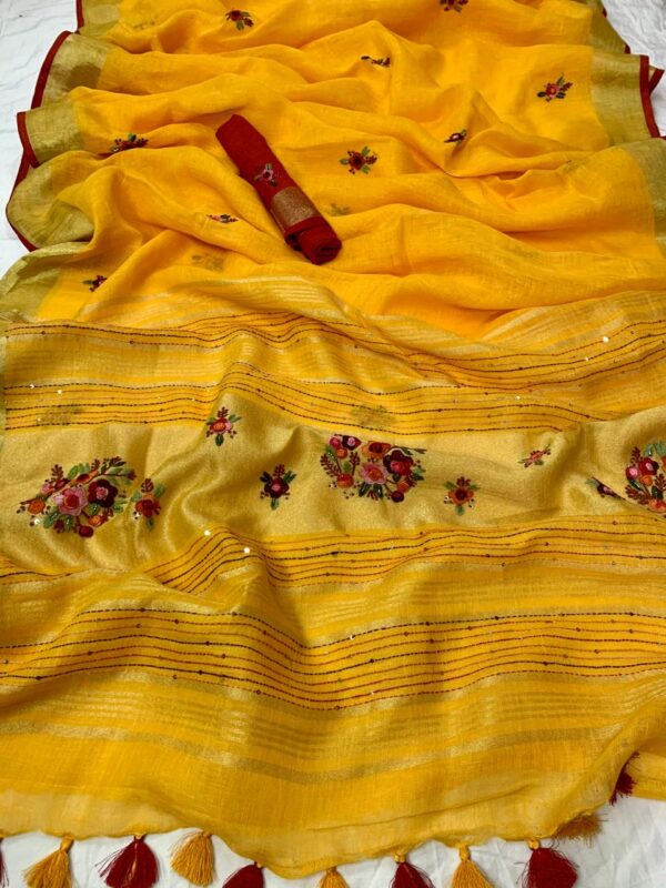 Yellow & Red Linen Saree - Image 2