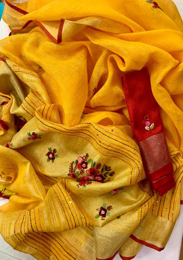 Yellow & Red Linen Saree